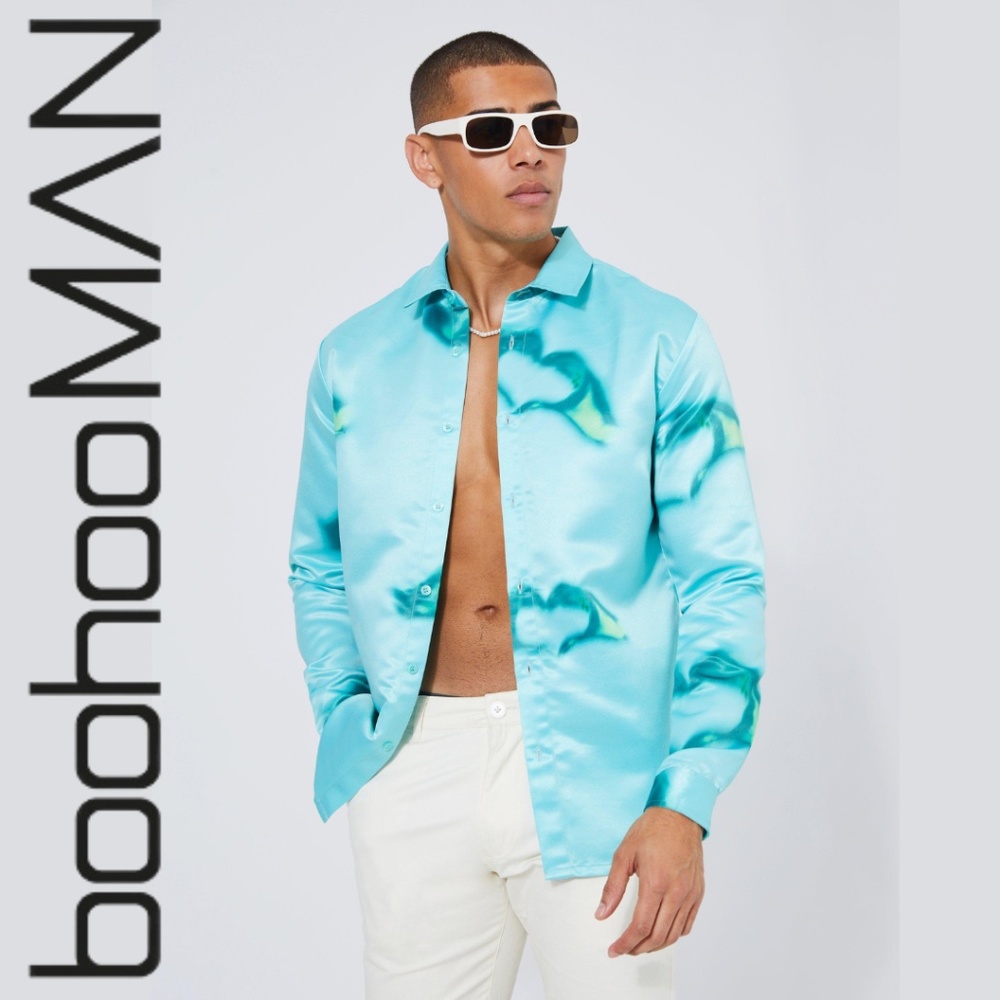 Boohoo Man Long Sleeve Satin Heart Hands Shirt - Picture 1 of 16